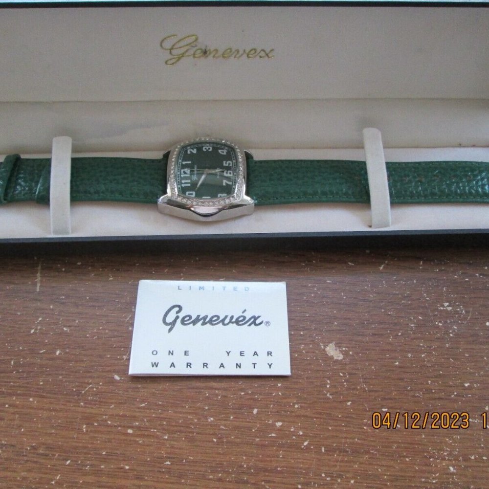 Ladies Genevex Green Tone Watch Faux Diamond Accents, Leather Band
